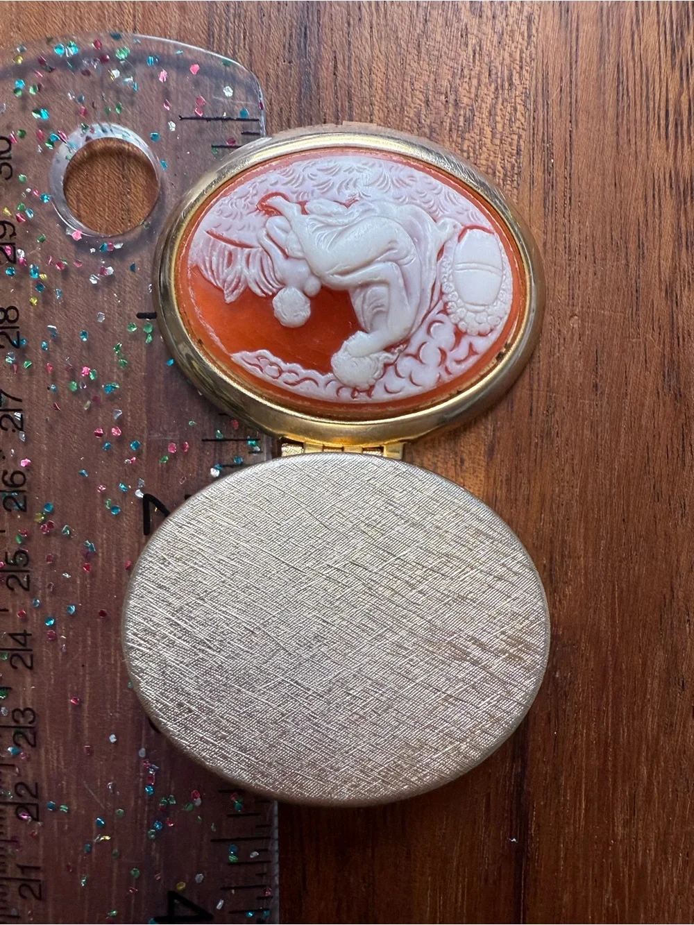 Vintage Orange and White Cameo Trinket Box with Gold Trim Pill Box
